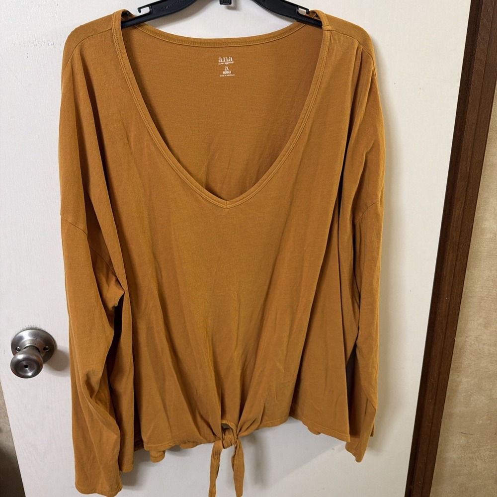 ana a new approach Mustard Yellow Long Sleeve V Neck Tie Front Top Womens 2X